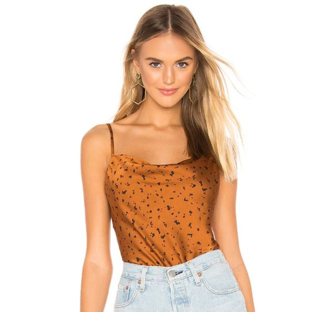 JOA Revolve Brown Dot leopard print satin cowl neck cami tank top blouse small
